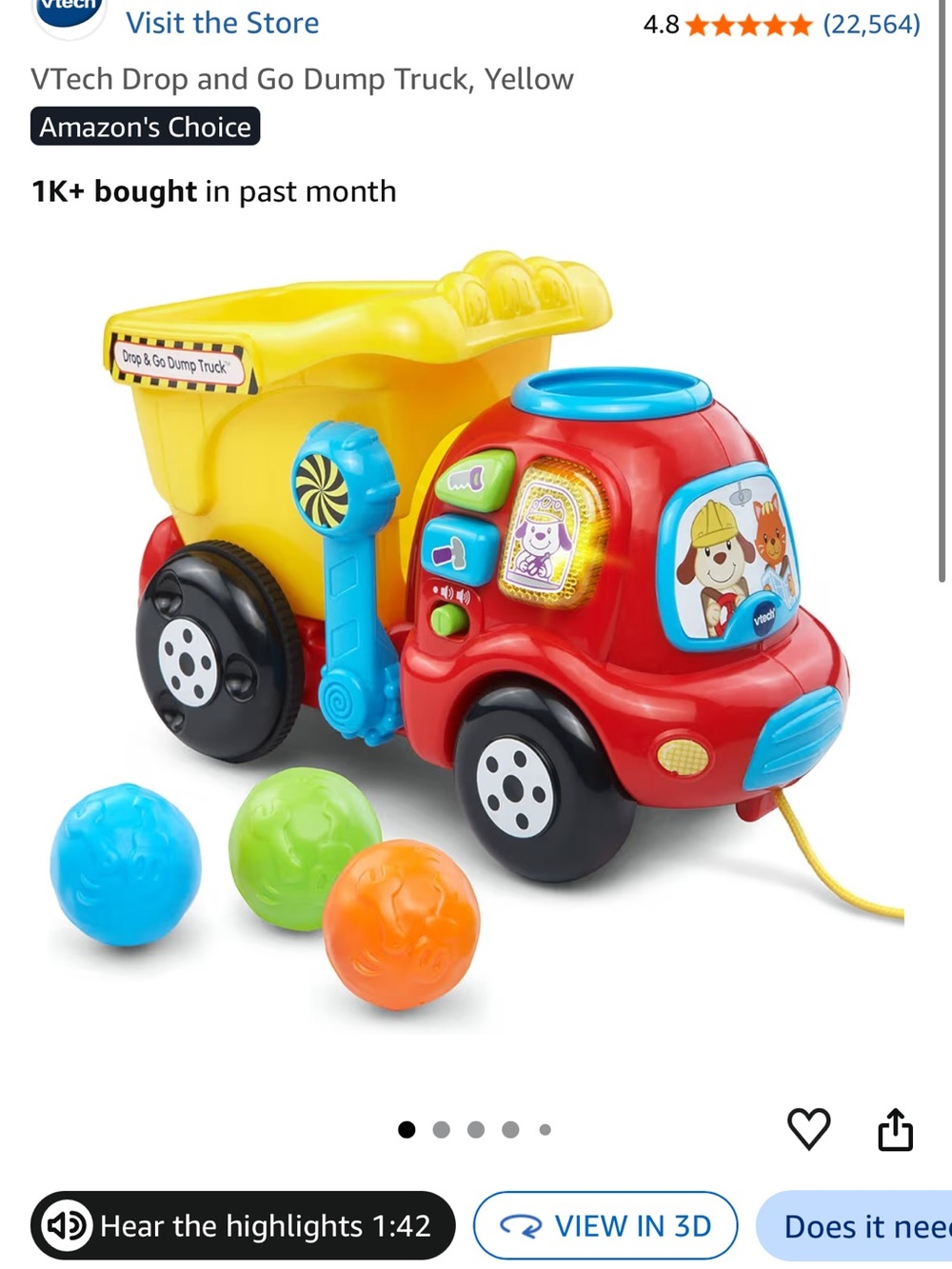 Vtech Drop and Go Dump Truck Yellow Educational Learning Toy